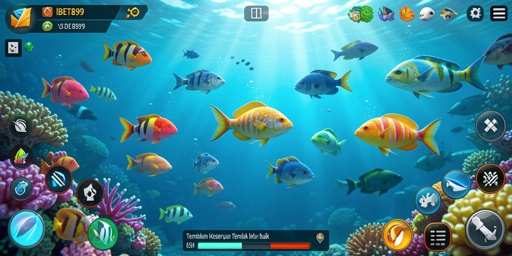 Tampilan gameplay seru dengan berbagai ikan menunggu untuk ditembak.