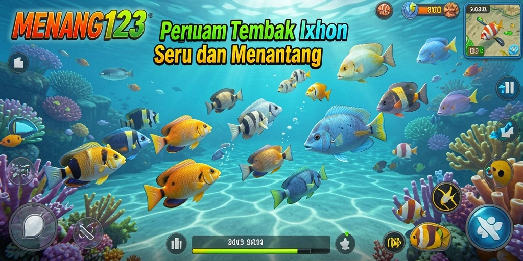 Screenshot MENANG123 menampilkan aksi seru menembak ikan di lautan.