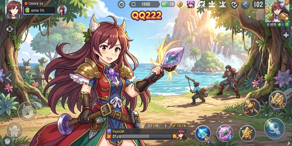 Tangkapan layar gameplay <strong>QQ222</strong> menunjukkan karakter Anime yang penuh warna dan dinamis.