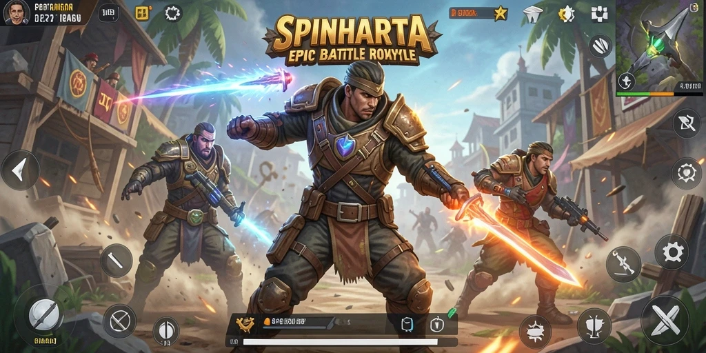 Tampilan aksi seru dalam permainan Battle Royale SPINHARTA.