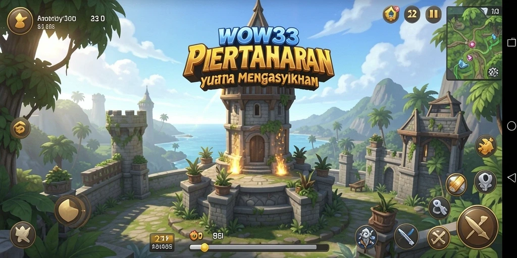 Screenshot gameplay WOW33 dengan menara pertahanan yang strategis.